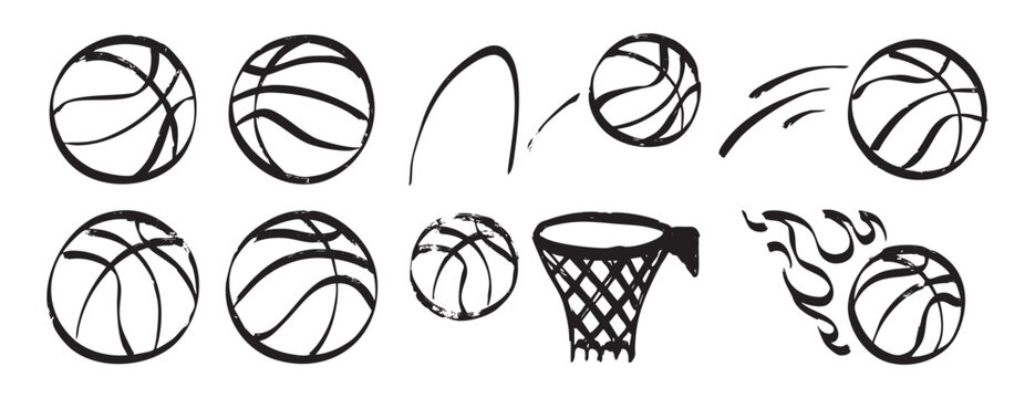 HandDrawn Basketball Doodles With Playful Crayon Charm, Varied Ball Sizes, Looping Motion Arcs And Simple Hoop Sketches Create Whimsical, Joyful Scene Perfect For Kids Designs, Stationery And Casual