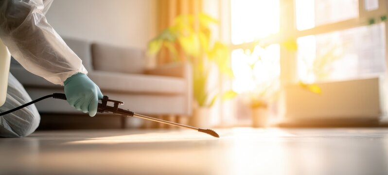 The Pest Control Technician Spraying Disinfectant in a Bright Sunlit Living Room