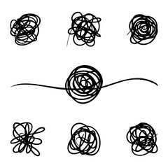 Set of hand drawn chaotic scribble lines and tangled circular shapes