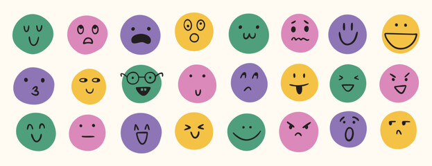 Naklejka premium Varying Emoji Collections, Colorful Round Icons Perfect For Branding Strategies And Promotions, Flexible Branded Emojis Featuring Modern Pastel Faces And Comprehensive Social Media Icon Collections