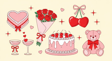 Naklejka premium Sweet romantic celebration with festive treats, charming gifts, and celebratory drinks perfect for Valentine's Day