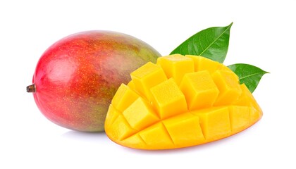 Fresh Ripe Mango Fruit Sliced and Whole on White Background.