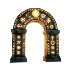 Fototapeta premium Ancient mystical archway with celestial symbols and golden accents isolated on transparent background