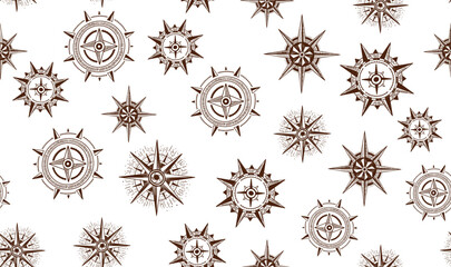 Compass Wind rose, compass pattern on white, hand drawn Illustration.	
