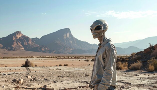Alien in a desolate desert landscape under a clear sky.