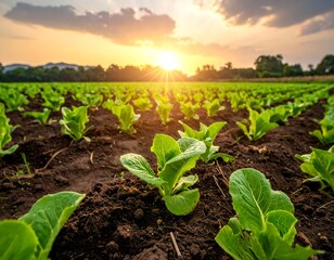 Sunrise Over a Lush Lettuce Field - Cultivating Growth and Abundance.