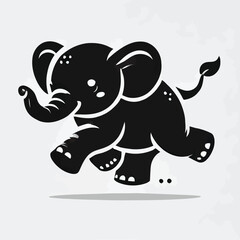 Obraz premium A playful black and white elephant running with a joyful expression and small footprints.