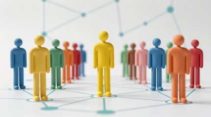 Naklejka premium Conceptual 3D rendering of diverse colorful figures connected by a network grid, symbolizing leadership, business hierarchy, teamwork, and social structure.