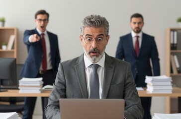 Fototapeta premium Stressed Businessman Reacts to Unexpected News on Laptop, Colleagues Look On, Office Environment