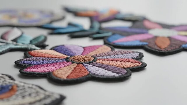 Close-up of several colorful embroidered textile patches, detailed with various shapes, textures, and hues