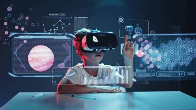 4K cinematic video young student wearing VR headset futuristic minimalistic classroom, vibrant 3D holographic educational content floating around molecular models, spinning planets, interactive graphs