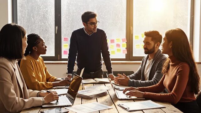 Diverse team of people working together in a collaborative meeting environment