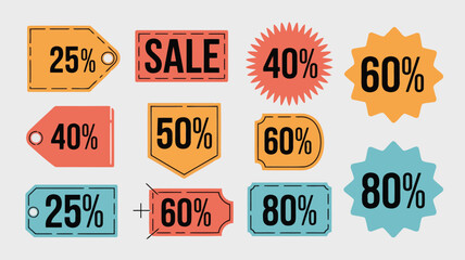 Colorful sale discount tags with percentage and price reduction indicators