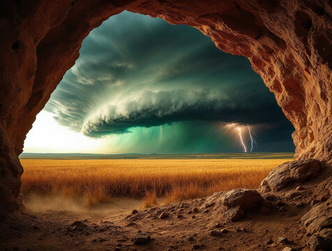 Cave Entrance Framing Dramatic Outdoor Scenery and Wilderness Vista