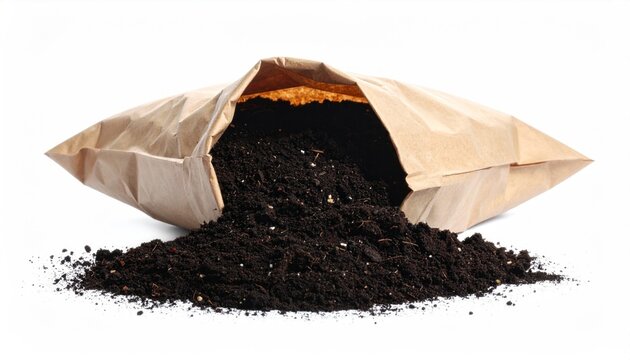 Bag of potting soil spilling onto a white surface.