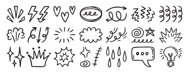 Set of random doodle sketch elements, decorative hand drawn icons for creative design