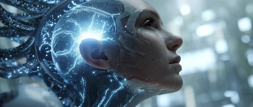 Futuristic humanoid AI robot with illuminated brain chip