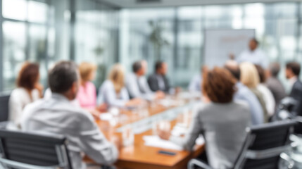 Fototapeta premium Blurred view of a diverse group in a business meeting, focusing on the presenter