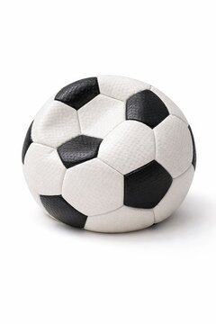 Childrens soft dimpled soccer ball slightly deflated showing fold crease to highlight softness black and white panels studio photo isolated on white