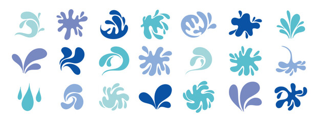 Fototapeta premium Blue watercolor doodle drops and splashes with fluid shapes hand drawn