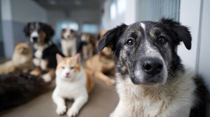 Obraz na płótnie Canvas A group of dogs and cats look curiously at the camera in an animal shelter, embodying the hope for new homes and the bond shared between pets and humans.