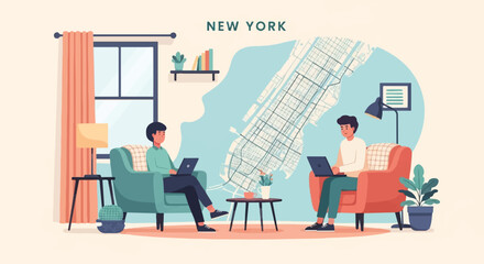 Fototapeta premium Two people work on laptops in a cozy living room with a New York City map backdrop