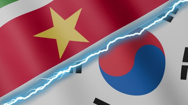 Two waving flags Suriname and South Korea with diagonal lightning seamless, 4k loop