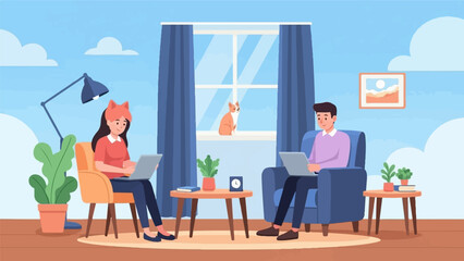 Two people work on laptops in a cozy room with a cat visible through the window