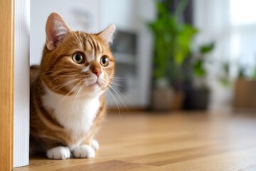 Obraz premium Cat Observing Its Environment Curiously in a Bright Interior Space
