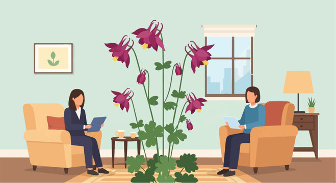 Two people in armchairs reading near a tall flowering plant indoors