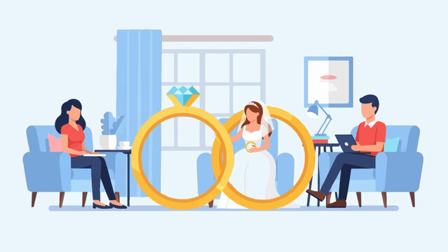 Two people in armchairs with a bride and wedding rings in the middle