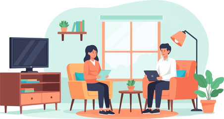 Two people in cozy living room, working and reading