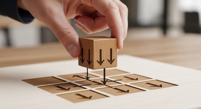 Hand Holding Wooden Cube with Arrows Pointing to 3x3 Grid for System Integration Concept
