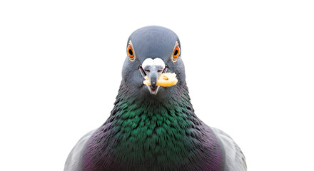 Fototapeta premium Pigeon with vibrant purple and green feathers eating a piece of bread directly facing the camera on a white background