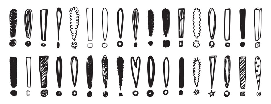 Hand drawn doodle exclamation mark set comic playful ink sketches, varied strokes, rough dots and uneven lines creating energetic monochrome texture ideal for stickers, alerts, posters, UI accents