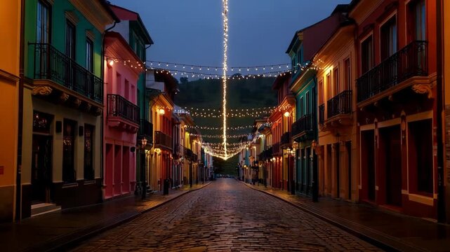 Charming cobblestone street in colorful colonial town at dusk