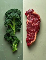 The Choice - Broccoli Silhouette Versus Raw Steak on Split Background.