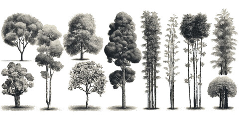 Fototapeta premium Collection of detailed grayscale botanical of various trees and bamboo stalks monochrome black