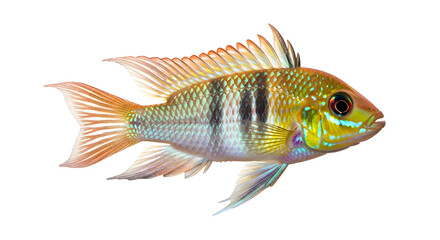 Fototapeta premium Vibrant tropical fish with shimmering scales and fins swimming in clear water against a clean white background