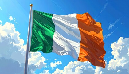 The Irish Flag Waving Proudly Against a Blue Sky with Clouds.