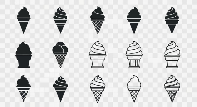 Various delightful ice cream cones and cups in a clear, versatile icon set.