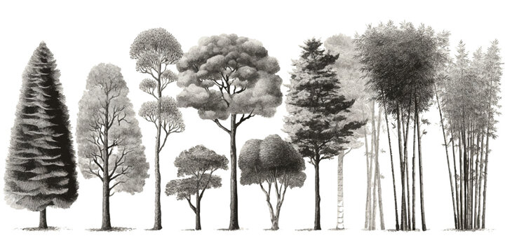 Collection of diverse trees and bamboo stalks rendered in grayscale watercolor style forest nature 1