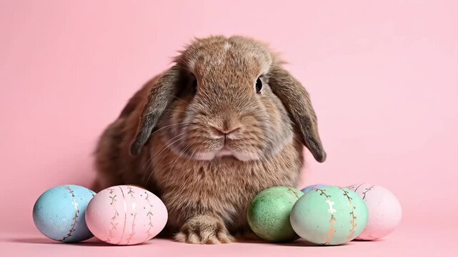 A fluffy brown lop-eared rabbit with soft floppy ears sits behind pastel Easter eggs on a pink background