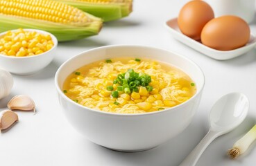Commercial stock food photography of a bowl of corn soup served in a clean white ceramic bowl, filled with sweet corn kernels, silky egg drop texture, and light chicken broth. 