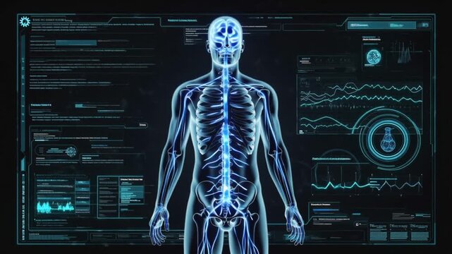 3D cinematic video, transparent human body floating dark minimalistic space, glowing nervous system pulsing electric blue purple lights, dynamic nerve signals flowing along neural pathways, AR HUD
