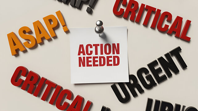 Action needed urgent critical message on sticky note with 3d words
