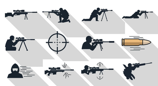Collection of sniper silhouettes and icons depicting various shooting positions and weapon elements.