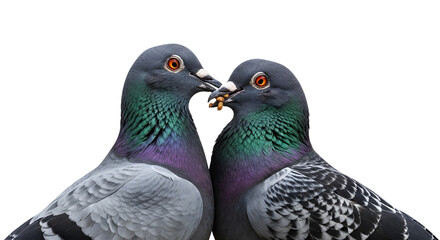 Fototapeta premium Two pigeons standing closely together and kissing each other with a white clean background