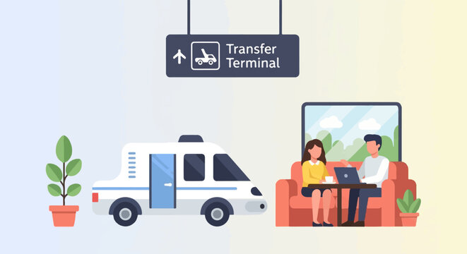 Two people sit on a sofa at a table, a shuttle van parked nearby