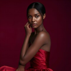Fototapeta premium elegant studio portrait of woman wearing red dress against red background, classic beauty, fashion photography, cinematic lighting, confident feminine style, timeless editorial look